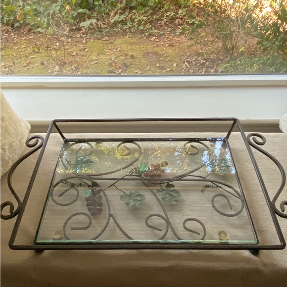 Beautiful Vintage IronGrape BunchesVineLeafTempered Glass Footed Large Tray